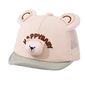 Infant mesh sun hat with teddy bear embroidery and cute 3D ears in cream and sage green