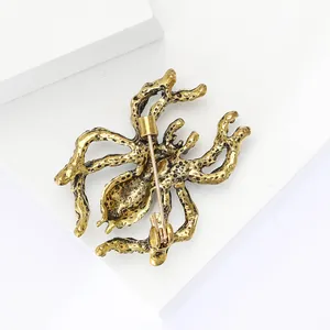 Detail view of the vintage gold spider brooch back featuring a secure metal safety pin
