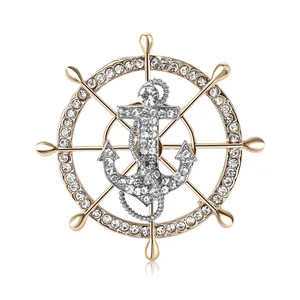 Exquisite nautical anchor and rudder brooch with rhinestones in gold and silver finish