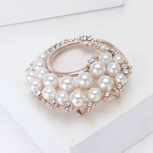 Elegant gold flower wreath brooch with white pearls and sparkling crystals for women