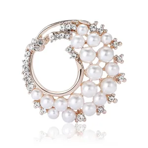 Elegant gold ring brooch with white pearls and sparkling rhinestones for women