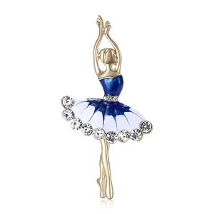 Elegant ballet dancer brooch with blue enamel dress and crystal accents on gold plating