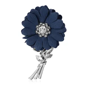 Exquisite navy fabric flower brooch with rhinestones and silver alloy leaf accents