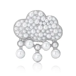 Elegant cloud and raindrop brooch featuring white faux pearls on silver alloy metal