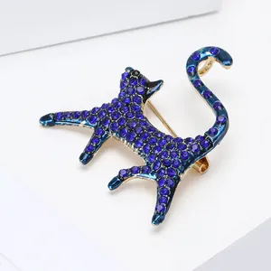 Spilla gatto con strass blu in lega con finitura pavé di cristalli per abbigliamento