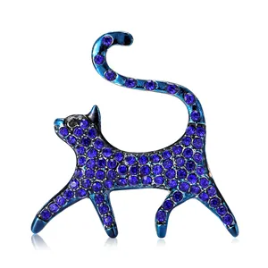 Elegante spilla a gatto in lega blu con brillanti strass blu navy per abiti e maglie