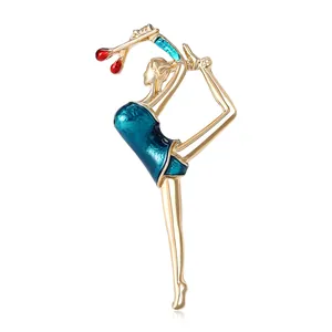 Artistic rhythmic gymnast brooch in gold alloy and teal enamel with ribbon gymnastics pose