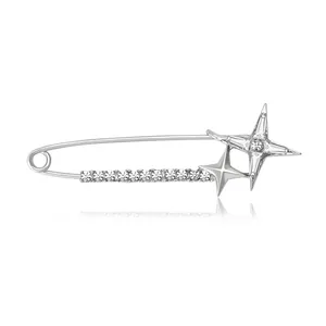 Silver alloy safety pin brooch with sparkling crystal stars and pavé rhinestones