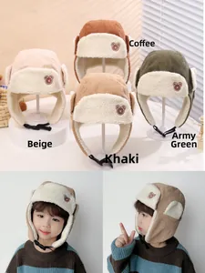 Detailed view of children's corduroy aviator hats in beige, coffee, khaki and green