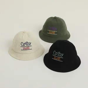 Three-pack corduroy kids bucket hats with premium letter embroidery in neutral colors