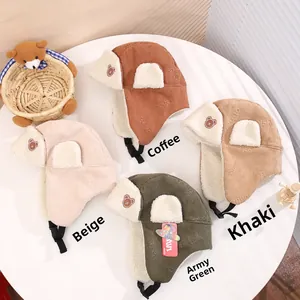 Winter corduroy baby trapper hats with bear ears in coffee, beige, khaki and army green