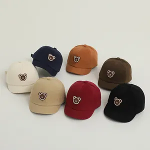 Detailed collection of colorful baby baseball caps with cute bear embroidery patches