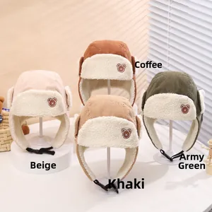 Corduroy trapper hats for kids in coffee, beige, khaki and green with bear embroidery