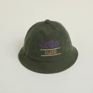 Detailed view of corduroy bucket hat featuring multicolor Colby Clark Country embroidery