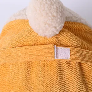 Winter corduroy baby bear hat with warm lining and adjustable velcro strap back