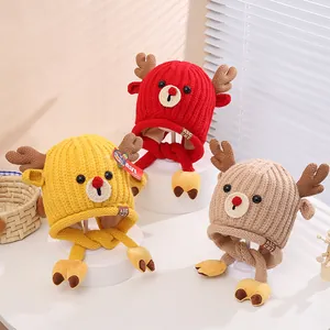 Bonnet Hiver Tricoté pour Enfants avec Bois de Renne Protège-oreilles Chaud Noël Dessin Animé Animaux Bonnet