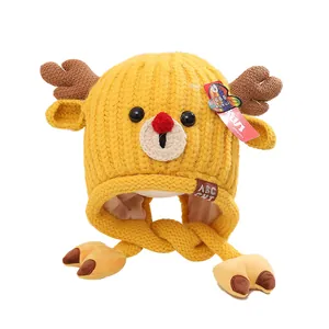 Bonnet en tricot jaune pour enfants avec bois de renne et cache-oreilles chauds