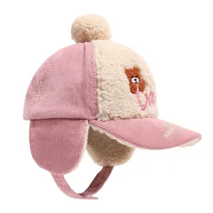 Pink corduroy kids winter earflap hat with cute bear embroidery and warm fleece lining