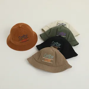 Kids corduroy bucket hats with Colby letter embroidery in five versatile winter colors