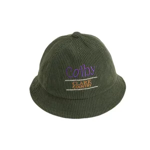 Retro dark green corduroy bucket hat for kids featuring vintage varsity embroidery