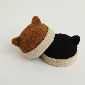 Winter fleece cat ear beanie for kids featuring soft teddy fur in brown and black