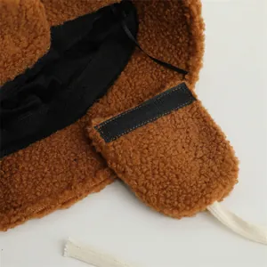 Brown teddy fleece baby trapper hat with bear ears and adjustable chin strap