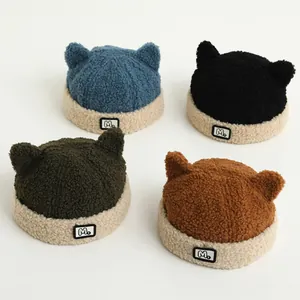 Cute Baby Bear Ears Polar Fleece Beanie Winter Warm Contrast Color Hat For Toddlers Soft Thick Thermal Kids Headwear