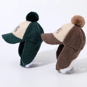 Winter fleece earflap baseball hat for kids with pom pom and warm embroidery