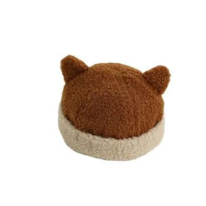 Winter fleece child beanie with cute animal ears in warm caramel brown and cream trim