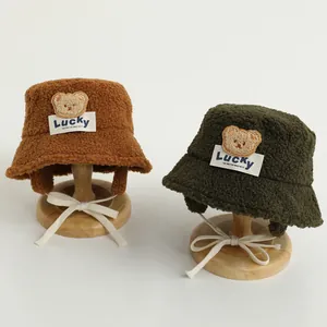 Toddler Kids Winter Warm Polar Fleece Bucket Hat With Bear Patch Lucky Letter Ear Flap Windproof Outdoor Fishing Cap