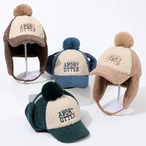 Kids Winter Trapper Hat Polar Fleece Warm Earflap Hat With Pompom Cartoon Otter Embroidery Windproof Thickened Fleece Hat