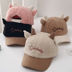 Kids Winter Plush Baseball Cap With Horns Ears Cutebaby Embroidery Warm Fleece Corduroy Duck Tongue Hat For Toddlers