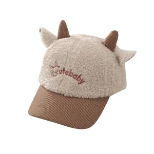 Plush lamb wool baby baseball cap with cute horns and ears in beige and brown colors