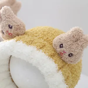 Winter cartoon rabbit earflap hat for kids in ginger yellow plush fleece fabric