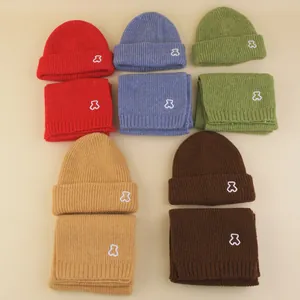 Detail of five colored knitted hats and scarves with cute bear embroidery for kids