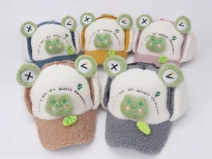 Sherpa fleece winter earflap caps for kids featuring cute cartoon frog embroidery