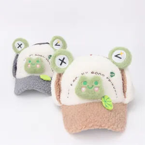 Cute frog earflap baseball hats for kids in soft lamb wool fleece with embroidery