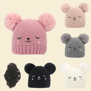 Kids Baby Winter Knitted Beanie Hat Double Pom Pom Faux Fur Warm Crochet Cap Cartoon Cat Expression Embroidery Knit Hat