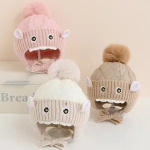 Chapeau Hiver Chaud à Cache-oreilles Enfant Monstre Dessin Animé Bonnet Tricoté avec Pompon Coupe-vent pour Petits Garçons Filles