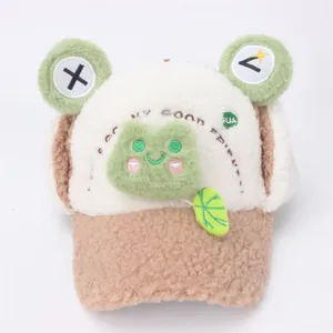 Winter cartoon frog earflap plush hat for kids, windproof beige and camel faux fur trapper cap