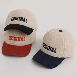 Kids Fashion Patchwork Baseball Cap Sherpa Corduroy Warm Winter Hat For Boys Girls Stylish Letter Embroidery Casual Sun Hat