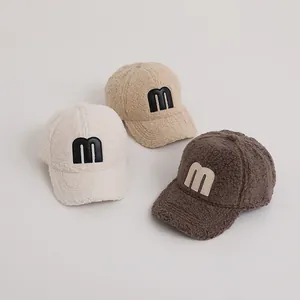 Winter fleece baseball cap for kids with letter M embroidery in multiple warm colors