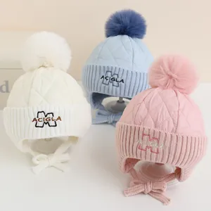 Cappello Invernale in Maglia per Bambini Con Protezione per Le Orecchie E Pompon in Pelliccia Sintetica Antivento Caldo