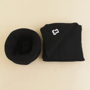 Winter kids knitted hat and scarf set in black with white cloud embroidery decor