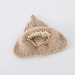 Beige pointed knit beanie for kids with warm plush lining and BOSTON letters