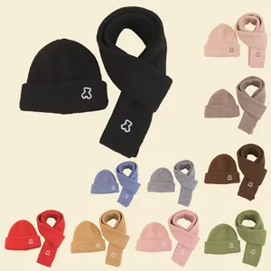 Children Winter Knit Hat And Scarf Core-spun Yarn Bear Embroidery Warm Ribbed Beanie Long Scarf For Boys Girls Cute Soft Winter Accessories