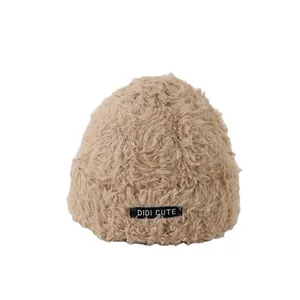 Plush khaki brown winter knit hat for babies with DIDI CUTE tag and soft thick texture