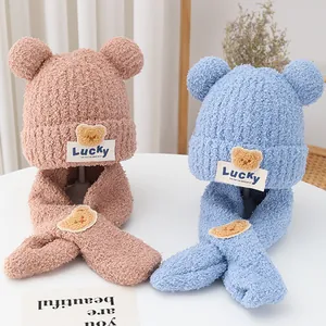 Children Winter Hat And Scarf Lucky Bear Ear Flap Knit Beanie Neck Warmer Outdoor Warm Fleece Lining Accessory For Boys Girls