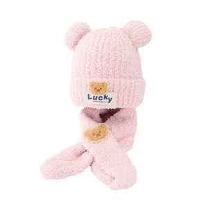 Pink winter plush hat and scarf set with cute bear ears and Lucky embroidery for kids