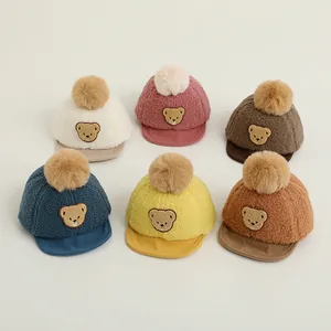 Multi-color baby warm baseball caps collection with soft faux fur and cute bear patch